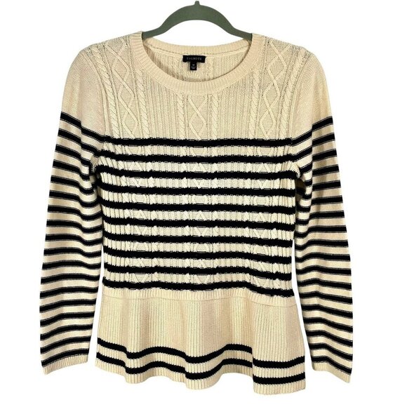 Talbots Cotton Cashmere Cable Knit Peplum Striped Sweater Navy & Cream Size M - Picture 2 of 11